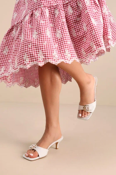Lulus Austina White Embroidered Buckle High Heel Slide Sandals