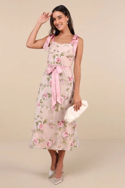 Lulus Authentic Sweetness Pink Floral Applique Tie-strap Midi Dress