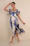 Lulus Authentically Yours Blue Multi Abstract Print Satin Midi Dress In Blue