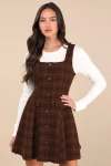 Lulus Autumn Approach Brown Plaid Sleeveless Button-up Mini Dress In Brown
