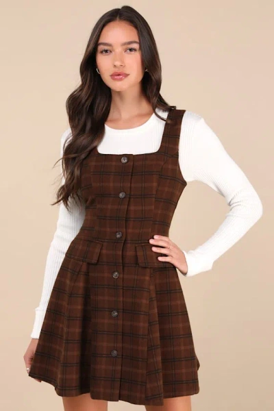 Lulus Autumn Approach Brown Plaid Sleeveless Button-up Mini Dress