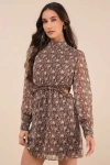 Lulus Autumn Bliss Brown Floral Print Long Sleeve Cutout Mini Dress In Brown