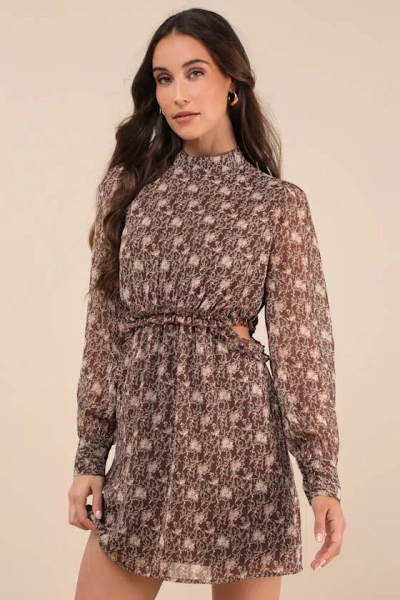 Lulus Autumn Bliss Brown Floral Print Long Sleeve Cutout Mini Dress