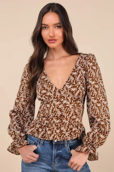Lulus Autumn Blossom Brown Floral Button-front Long Sleeve Top