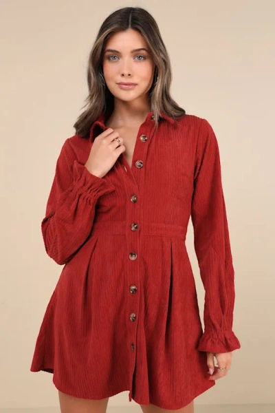 Lulus Autumn Mood Rust Red Corduroy Mini Dress With Pockets