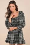Lulus Autumn Perfection Green Plaid Mini Dress With Pockets In Green