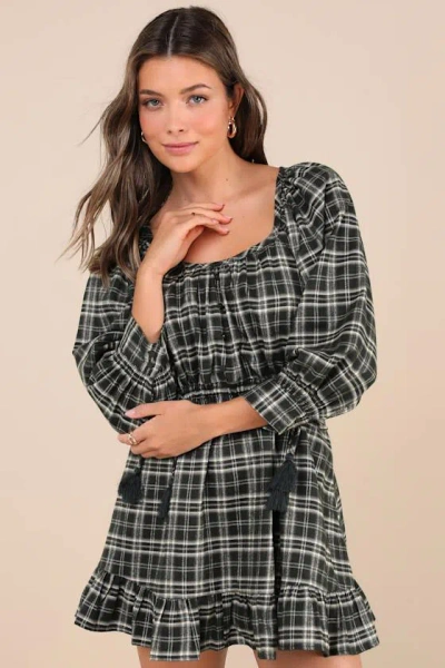 Lulus Autumn Perfection Green Plaid Mini Dress With Pockets