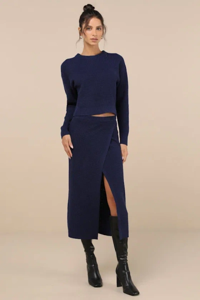 Lulus Autumn Sweetheart Navy Blue Waffle Knit Two-piece Sweater Dress