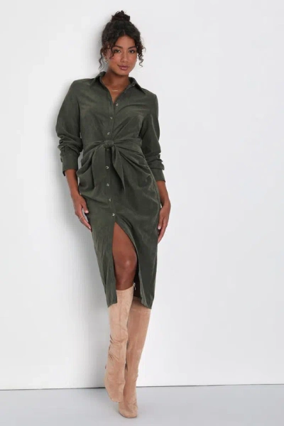 Lulus Autumnal Views Olive Green Suede Button-up Tie-front Midi Dress