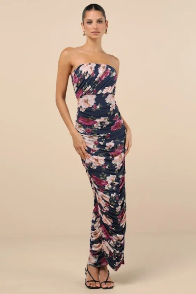 Lulus Averie Navy Floral Mesh Strapless Maxi Dress