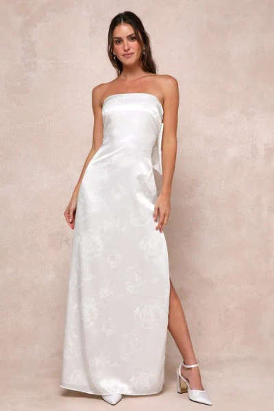 Lulus Avid Elegance Ivory Satin Jacquard Strapless Bow Maxi Dress