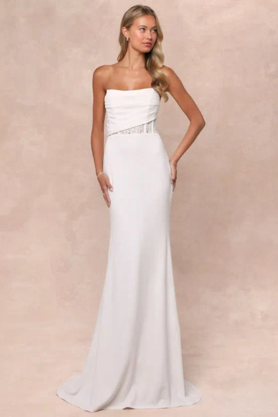 Lulus Avowed Adoration White Sheer Lace Pleated Strapless Maxi Dress