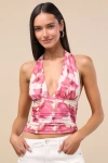 Lulus Ayaka Ivory And Pink Abstract Mesh Halter Top