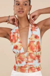 Lulus Ayaka Light Blue And Orange Abstract Mesh Halter Top