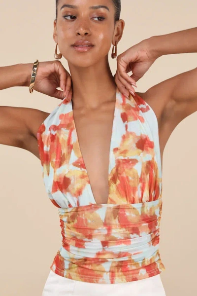 Lulus Ayaka Light Blue And Orange Abstract Mesh Halter Top