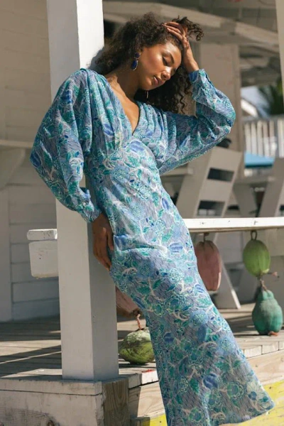 Lulus Azalea Blue Multi Floral Long Sleeve Midi Dress In Brown