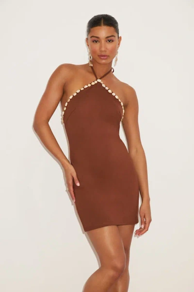 Lulus Azeneth Brown Shell Bodycon Halter Mini Dress