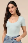 Lulus Effortless Mindset Sage Green Scoop Neck Short Sleeve Bodysuit In Sage Green