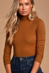 Lulus Basics Wilde Rust Orange Ribbed Long Sleeve Mock Neck Bodysuit In Rust Orange
