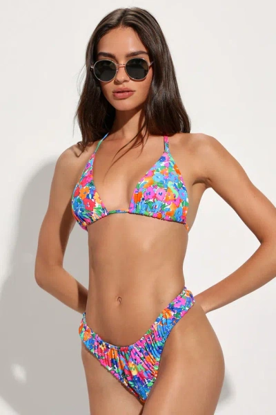 Lulus Beachy Stunner Multi Floral Scrunch Bikini Bottoms In Pink
