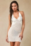 Lulus Beachy Tidings Cream Crochet Halter Mini Swim Cover-up In White