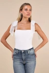 Lulus Beaming Perfection White Pearl Organza Tie-strap Bodysuit In White