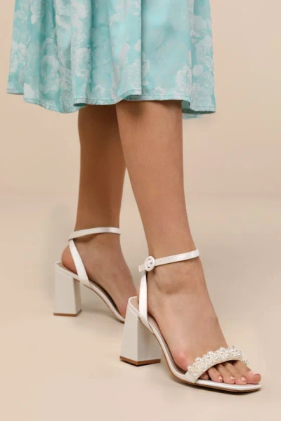 Lulus Beatta White Satin Pearl Ankle Strap High Heel Sandals