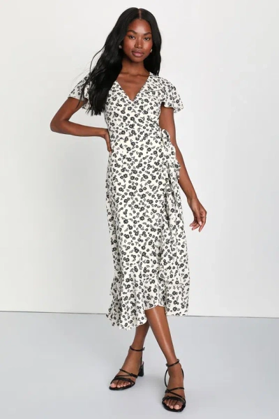 Lulus Beautiful Aura Ivory Floral Ruffled Wrap Midi Dress