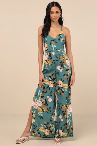Lulus Beautiful Blooms Teal Green Floral Print Wide-leg Jumpsuit