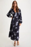 Lulus Beautiful Details Navy Blue Floral Long Sleeve Midi Dress In Navy Blue