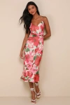 Lulus Beautiful Entrance Fuchsia Multi Floral Twist-front Midi Dress In Fuchsia
