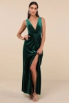 Lulus Beautiful Evenings Emerald Velvet Twist-front Maxi Dress In Green