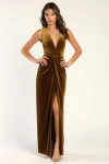 Lulus Beautiful Evenings Dark Mustard Velvet Twist-front Maxi Dress In Yellow