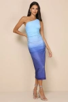 Lulus Beautiful Perception Blue Ombre One-shoulder Mesh Midi Dress In Blue