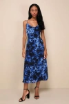 Lulus Beautiful Persona Blue Floral Chiffon Cowl A-line Midi Dress In Blue