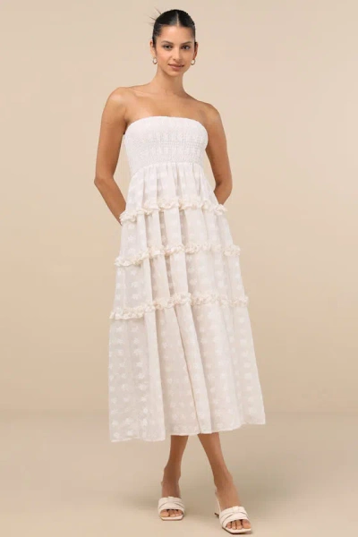 Lulus Beautiful Sentiments Ivory Floral Strapless Tiered Midi Dress