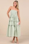 Lulus Beautiful Sentiments Sage Floral Strapless Tiered Midi Dress In Green