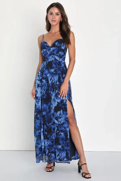 Lulus Beautiful Soul Blue Floral Print Twist-front Maxi Dress