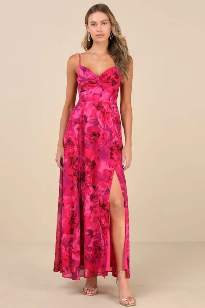 Lulus Beautiful Soul Fuchsia Floral Print Twist-front Maxi Dress