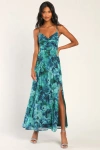 Lulus Beautiful Soul Teal Green Floral Print Twist-front Maxi Dress In Teal Green