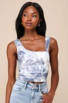 Lulus Beautiful Vision Blue And White Abstract Mesh Asymmetrical Top In Blue And White