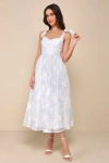 LULUS BEAUTIFULLY ADORED WHITE FLORAL BURNOUT TIE-STRAP MIDI DRESS