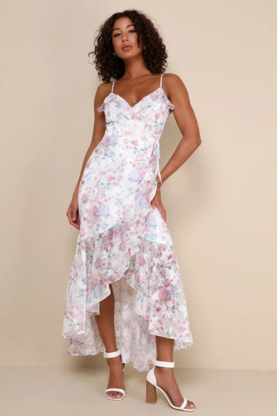 Lulus Beautifully Blissful White Floral Print High-low Wrap Maxi Dress