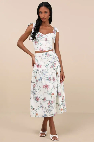 Lulus Beautifully Chic White Floral Drop Waist Midi Skirt