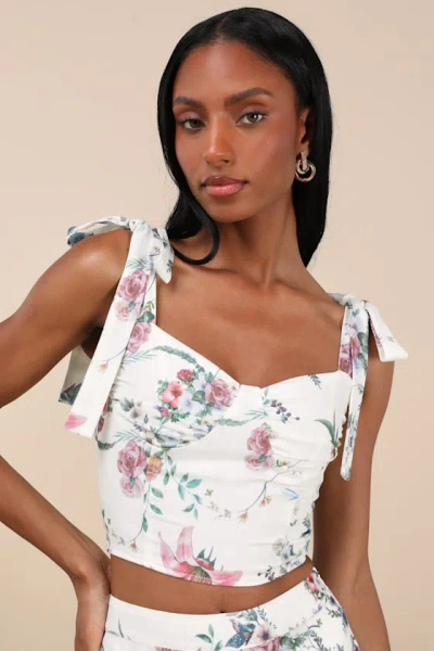 Lulus Beautifully Chic White Floral Tie-strap Bustier Top
