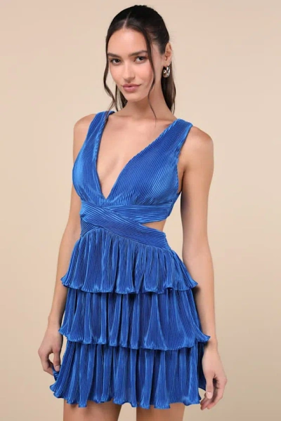 Lulus Beauty Icon Blue Satin Pleated Tiered Lace-up Mini Dress
