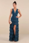 Lulus Beauty Icon Dark Teal Satin Pleated Tiered Lace-up Maxi Dress In Teal
