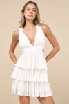 Lulus Beauty Icon White Satin Pleated Tiered Lace-up Mini Dress In White