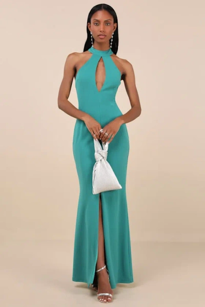 Lulus Belestina Teal Green Cutout Mock Neck Maxi Dress