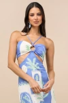 Lulus Beliana Blue Multi Print Halter O-ring Midi Dress